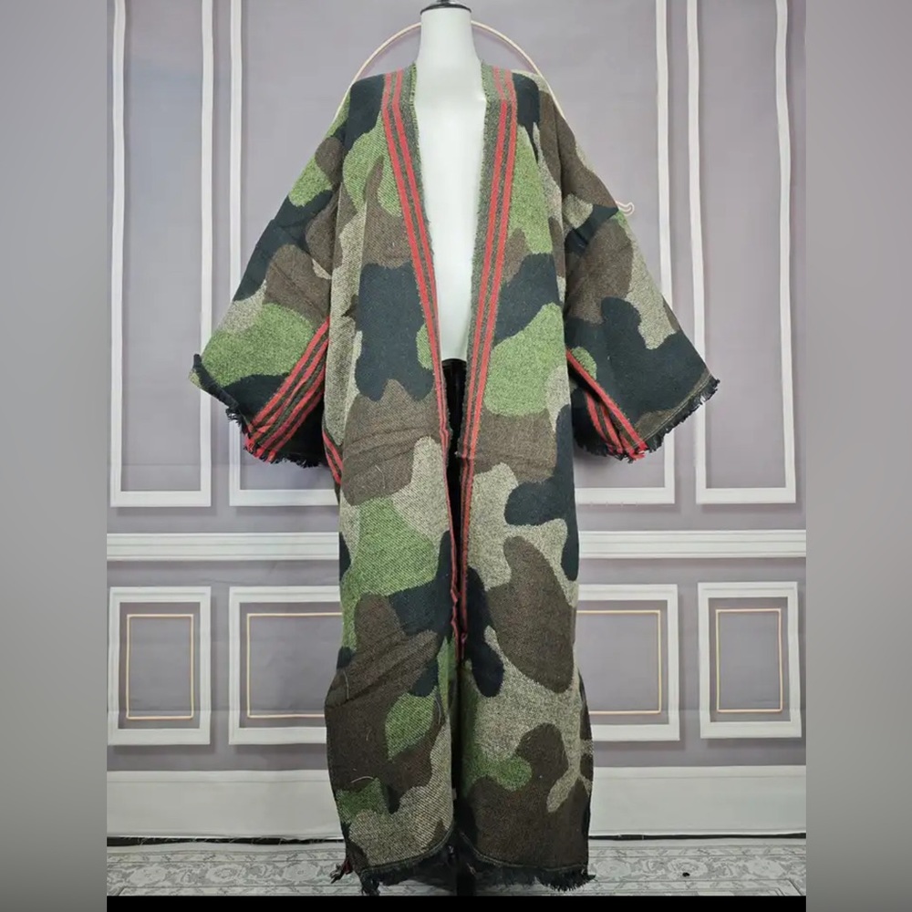 Camouflage Open Front Long Cardigan Sweater - Green Camo